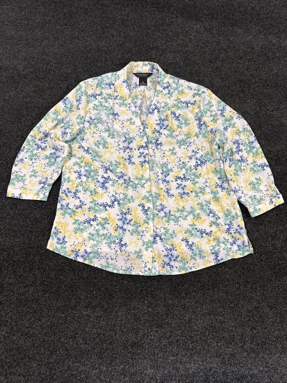 Investments Blouse Womens Petite PS White Floral V Neck 3/4 Sleeve Tunic Top